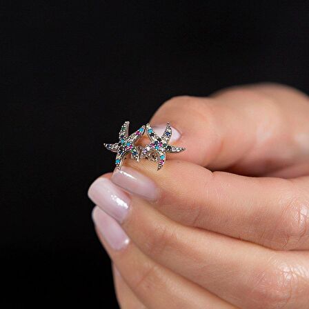 Multicolor Zirkon Taşlı Deniz Yıldızı Tasarım 925 Ayar Gümüş Kadın Küpe