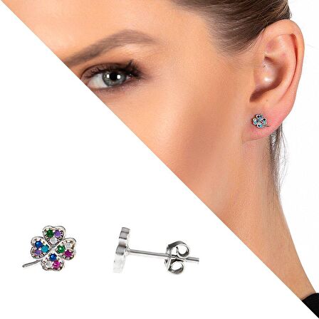 Multicolor Zirkon Taşlı Yonca Yaprağı Tasarım 925 Ayar Gümüş Kadın Küpe
