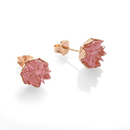 Pembe Zirkon Taşlı Lotus Çiçeği Tasarım 925 Ayar Gümüş Küpe
