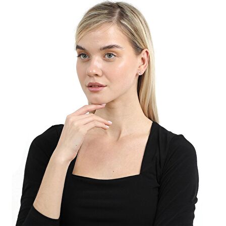 Beyaz Zirkon Taşlı Kalp Tasarım Rose Renk 925 Ayar Gümüş Kadın Küpe