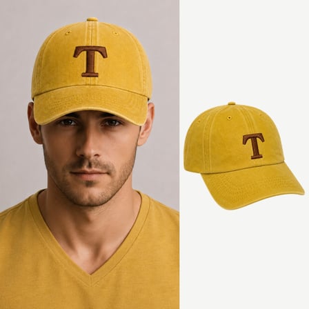 Unisex Vintage Beyzbol Şapkası - İsme Özel Harf Nakışlı - Eskitme Kumaş - Sarı Renk - Metal Tokalı