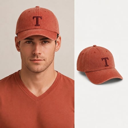 Unisex Vintage Beyzbol Şapkası - İsme Özel Harf Nakışlı - Eskitme Kumaş - Turuncu - Metal Tokalı