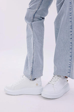 Kadın Bağcıklı Basic Sneaker Inci Detaylı Kalın Taban Spor Ayakkabı
