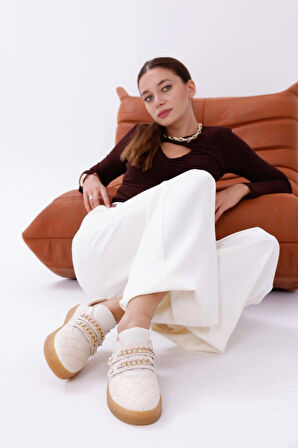 Kadın Bağcıklı Basic Sneaker Inci Detaylı Kalın Taban Spor Ayakkabı