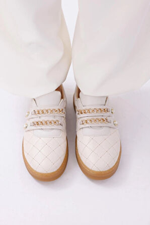 Kadın Bağcıklı Basic Sneaker Inci Detaylı Kalın Taban Spor Ayakkabı