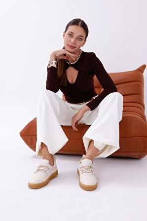 Kadın Bağcıklı Basic Sneaker Inci Detaylı Kalın Taban Spor Ayakkabı