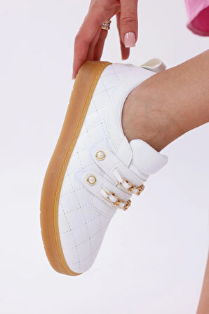 Kadın Bağcıklı Basic Sneaker Inci Detaylı Kalın Taban Spor Ayakkabı