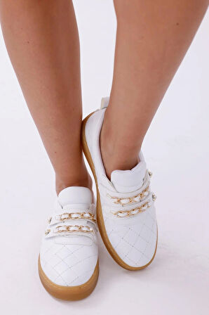 Kadın Bağcıklı Basic Sneaker Inci Detaylı Kalın Taban Spor Ayakkabı