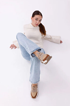 Kadın Bağcıklı Rahat Süet Renkli Sneakers Spor Ayakkabı