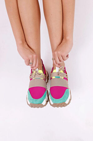 Kadın Bağcıklı Rahat Süet Renkli Sneakers Spor Ayakkabı