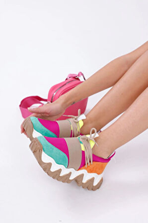 Kadın Bağcıklı Rahat Süet Renkli Sneakers Spor Ayakkabı