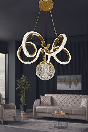 Kıvrım Tekli  Kristal Top Simli  Slikonlu Modern Oturma Led Avizesi