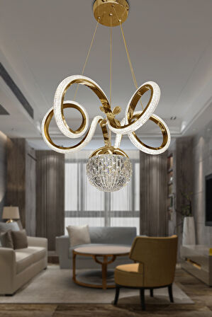 Kıvrım Tekli  Kristal Top Simli  Slikonlu Modern Oturma Led Avizesi