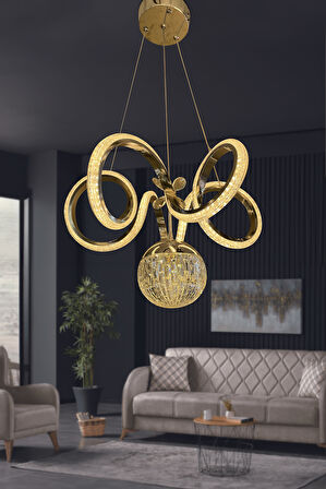 Kıvrım Tekli  Kristal Top Simli  Slikonlu Modern Oturma Led Avizesi