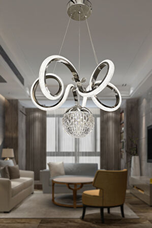 Kıvrım Tekli  Kristal Top Simli  Slikonlu Modern Oturma Led Avizesi