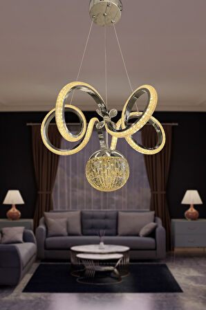 Kıvrım Tekli  Kristal Top Simli  Slikonlu Modern Oturma Led Avizesi