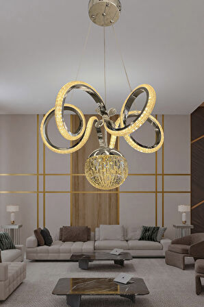 Kıvrım Tekli  Kristal Top Simli  Slikonlu Modern Oturma Led Avizesi