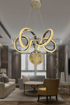 Kıvrım Tekli  Kristal Top Simli  Slikonlu Modern Oturma Led Avizesi