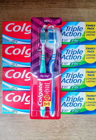 COLGATE 5'li Set ( Triple Action 150 ml Diş Macunu x 4 Adet + Zig Zag 1+1 Diş Fırçası x 1 Adet )