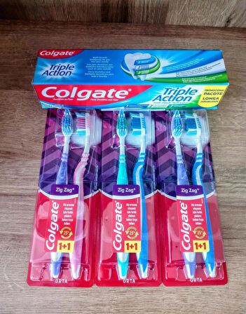 COLGATE 4'lü Set (  Zig Zag 1+1 Diş Fırçası x 3 Adet + Triple Action 150 ml Diş Macunu x 1 Adet  )