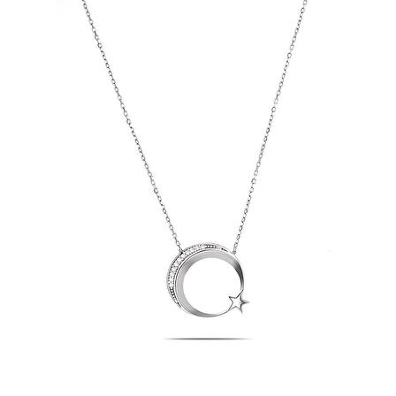 Beyaz Zirkon Taşlı Ayyıldız Tasarım 925 Ayar Gümüş Kadın Kolye