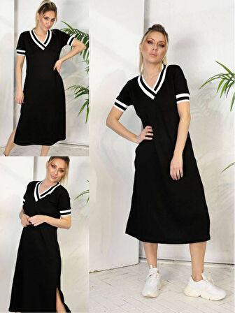 Rose's Boutiqe All About Women Kadın Kısa Kollu V Yaka Kol Ve Yaka Ribana Detay Midi Boy Viskon Elbise