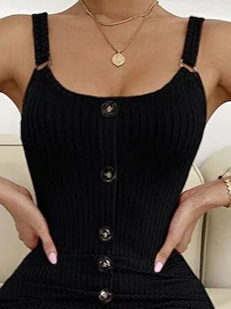 Rose's Boutiqe All About Women Kadın Sıfır Kol Askı Halka Detay önü Düğmeli Midi Boy Yırtmaçlı Fitilli Kaşkorse Elbise