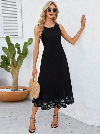 Rose's Boutiqe All About Women Kadın Kolsuz Etek Ucu Lazer Kesim çiçek Desenli Midi Boy Ithal Krep Elbise