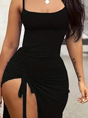 Rose's Boutiqe All About Women Kadın Kolsuz Ip Askılı Yandan Asansör Büzgülü Uzun Viskon Elbise