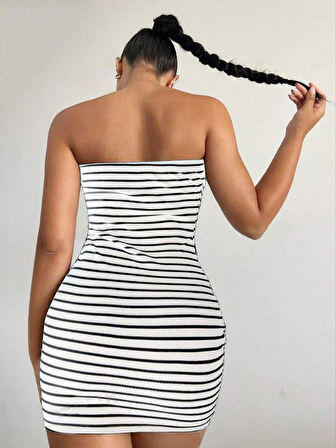 Rose's Boutiqe All About Women Kadın Kaşkorse Kumaş Çizgi Desenli Mini Elbise