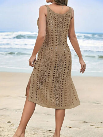 Rose's Boutiqe All About Women Kadın Kolsuz Askılı Yan Yırtmaç Detay Triko Midi Boy Elbise