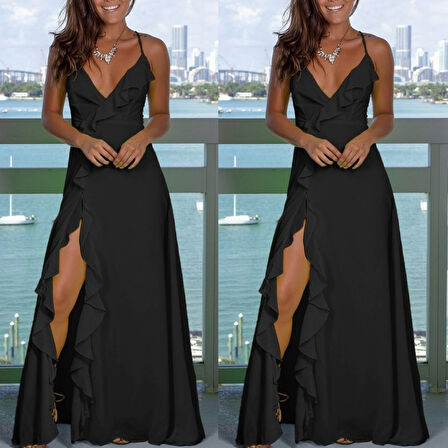Rose's Boutiqe All About Women Kadın Sıfır Kol Ip Askılı Dekolteli Yırtmaç Detay Krep Elbise