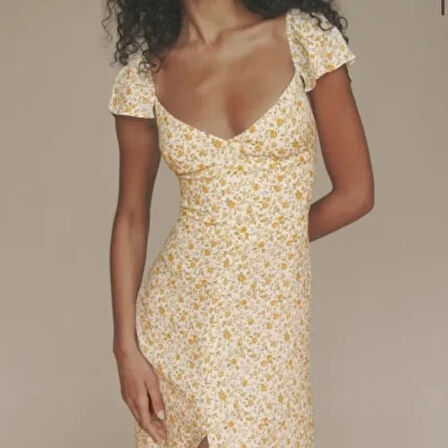 Rose's Boutiqe All About Women Kadın Kısa Kollu çiçek Desen Yırtmaçlı Süprem Elbise