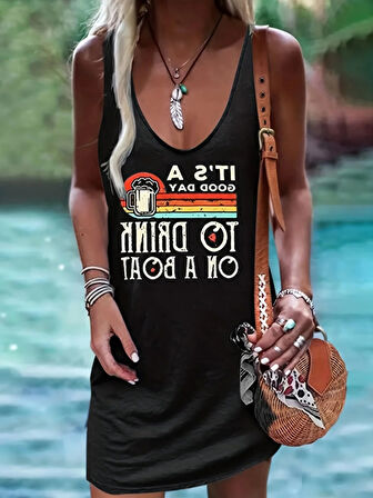 Rose's Boutiqe All About Women Kadın Sıfır Kol Askılı V Yaka Good Day Baskılı Viskon Elbise