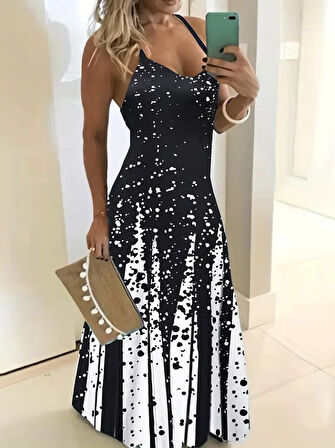 Rose's Boutiqe All About Women Kadın Ip Askılı Yuvarlak V Yaka Baskılı Maksi Dalgıç Elbise