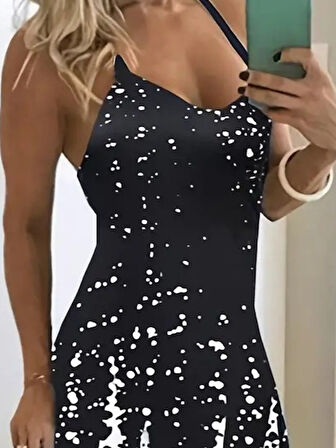 Rose's Boutiqe All About Women Kadın Ip Askılı Yuvarlak V Yaka Baskılı Maksi Dalgıç Elbise