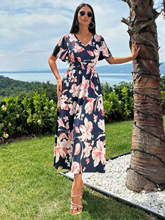 Rose's Boutiqe All About Women Kadın Kısa Kollu Volanlı Kol Beli Gipeli Jakarlı Vual Midi Boy Elbise
