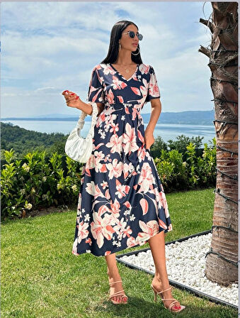 Rose's Boutiqe All About Women Kadın Kısa Kollu Volanlı Kol Beli Gipeli Jakarlı Vual Midi Boy Elbise