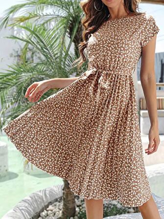 Rose's Boutiqe All About Women Kadın Kısa Kollu Bisiklet Yaka Pileli Midi örgü Krep Elbise