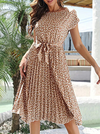 Rose's Boutiqe All About Women Kadın Kısa Kollu Bisiklet Yaka Pileli Midi örgü Krep Elbise