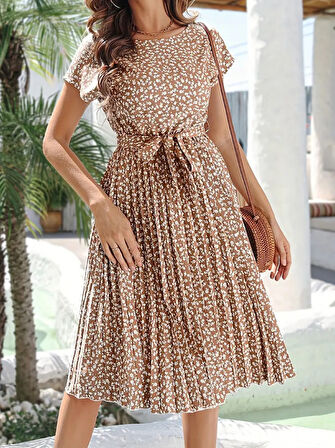 Rose's Boutiqe All About Women Kadın Kısa Kollu Bisiklet Yaka Pileli Midi örgü Krep Elbise