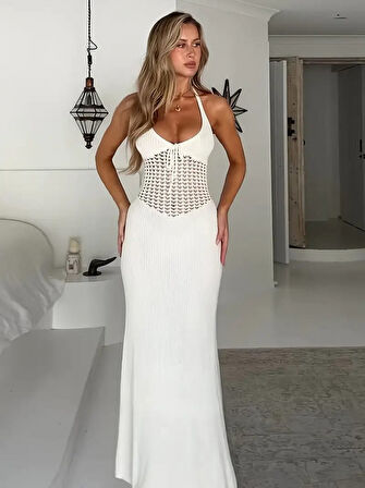Rose's Boutiqe All About Women Kadın Boyundan Ve Sırttan Bağlamalı Dekolteli Triko Uzun Elbise
