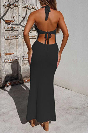 Rose's Boutiqe All About Women Kadın Boyundan Ve Sırttan Bağlamalı Dekolteli Triko Uzun Elbise