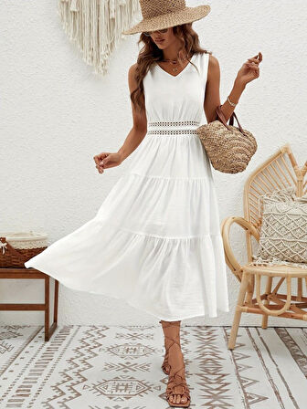 Rose's Boutiqe All About Women Kadın Bel Güpür Detay Mini Boy Sofia Keten Sıfır Kol Elbise