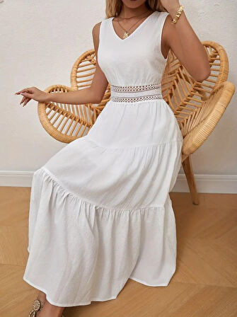 Rose's Boutiqe All About Women Kadın Bel Güpür Detay Mini Boy Sofia Keten Sıfır Kol Elbise