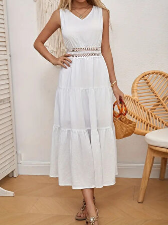 Rose's Boutiqe All About Women Kadın Bel Güpür Detay Mini Boy Sofia Keten Sıfır Kol Elbise