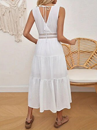 Rose's Boutiqe All About Women Kadın Bel Güpür Detay Mini Boy Sofia Keten Sıfır Kol Elbise