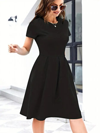 Rose's Boutiqe All About Women Kadın Kısa Kollu Bisiklet Yaka Pileli Midi Krep Elbise