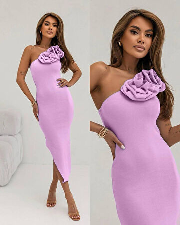 Rose's Boutiqe All About Women Kadın Burgu Kumaş çiçek Aksesuar Detaylı Yırtmaç Dekolteli Midi Boy Elbise