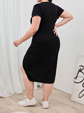 Rose's Boutiqe All About Women Kadın Büyük Beden Kısa Kollu Yanı Yırtmaçlı Bisiklet Yaka Viskon Elbise